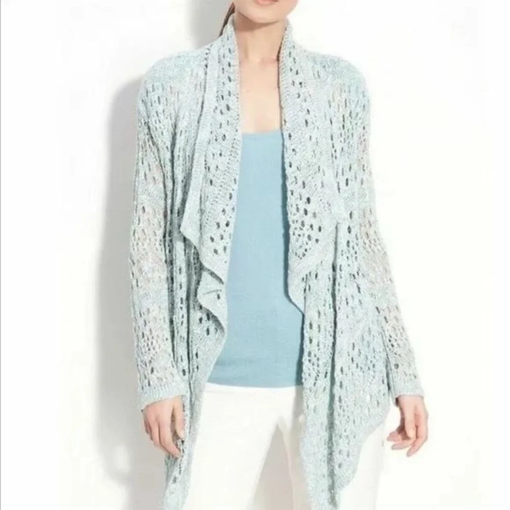 St. John knitted crochet blue draped cardigan sweater size M - Picture 1 of 10